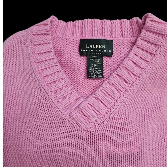 Lauren Ralph Lauren Cotton Knit V-Neck Sweater Pink Petite Size P/P - Picture 9 of 9
